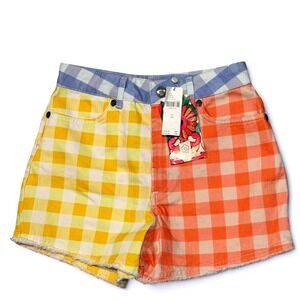Farm Rio Anthropologie Gingham Colorblock Denim Shorts Yellow Orange Blue XS NWT